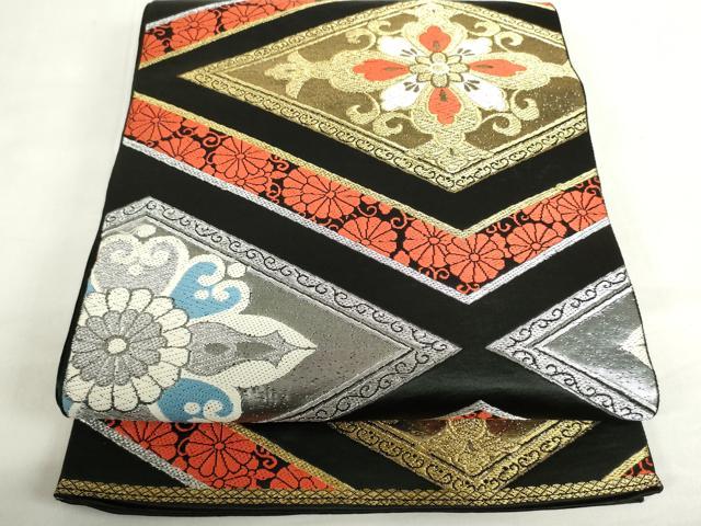 平和屋着物◎六通柄 京本袋帯 唐織 花菱文 黒地 金銀糸 正絹 逸品 DABF0323ea