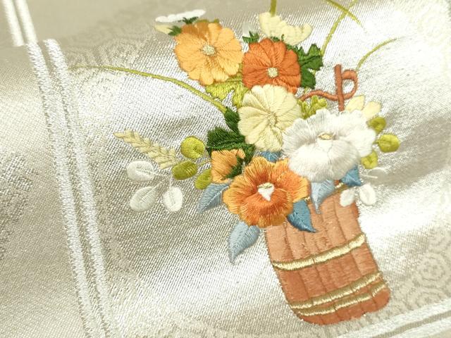 平和屋着物◎九寸名古屋帯 総刺繍 竹器花文 格子 金銀糸 正絹 逸品 DABF0327ea