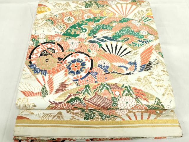 平和屋着物◎アンティーク 大正ロマン 丸帯 唐織 扇面飛鶴花松文 金糸 正絹 逸品 DABF0339ea