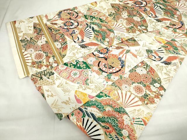 平和屋着物◎アンティーク 大正ロマン 丸帯 唐織 扇面飛鶴花松文 金糸 正絹 逸品 DABF0339ea