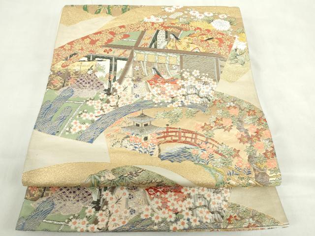 平和屋着物◎六通柄袋帯 唐織 王朝扇面 松竹梅 金糸 正絹 逸品 DABF0342ea