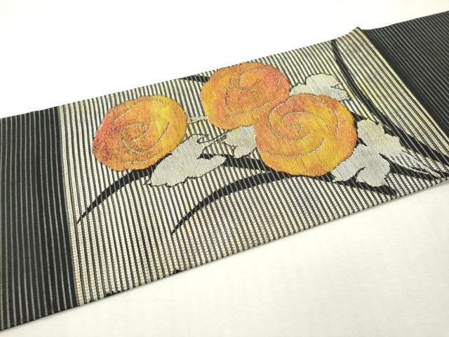 平和屋着物*夏物 九寸名古屋帯 草花文 黒地 金糸 正絹 逸品 DABF0443ea