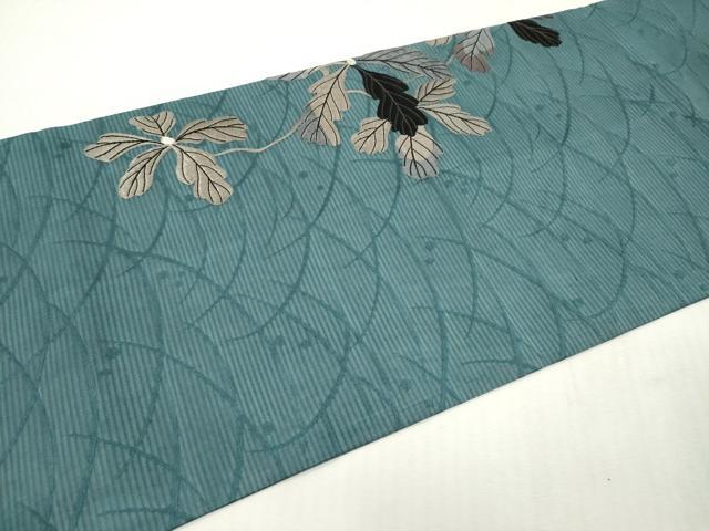 平和屋着物*夏物 アンティーク 大正ロマン 丸帯 総手刺繍 枝葉文 銀糸 引き抜き帯 正絹 逸品 DABF0450ea