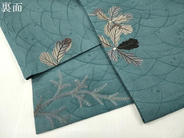 平和屋着物*夏物 アンティーク 大正ロマン 丸帯 総手刺繍 枝葉文 銀糸 引き抜き帯 正絹 逸品 DABF0450ea