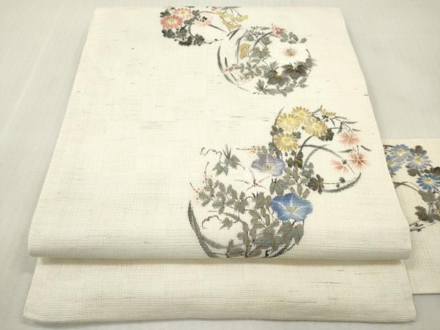 平和屋着物*夏物 染色作家 桐山紫香 手描き 九寸名古屋帯 四季花丸文 正絹 逸品 DABF0453ea