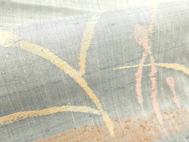 平和屋着物*夏物 九寸名古屋帯 紬地 筑紫 つくし 草葉文 正絹 逸品 未使用 DABF0473ea