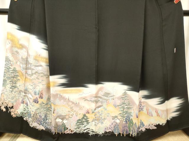 平和屋着物■豪華黒留袖 作家物 樹林風景文 暈し染め 金彩 正絹 逸品 DABF0497ea