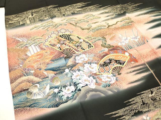 平和屋着物■豪華黒留袖 作家物 駒刺繍 山車 扇面花松文 暈し染め 金彩 正絹 逸品 DABF0498ea