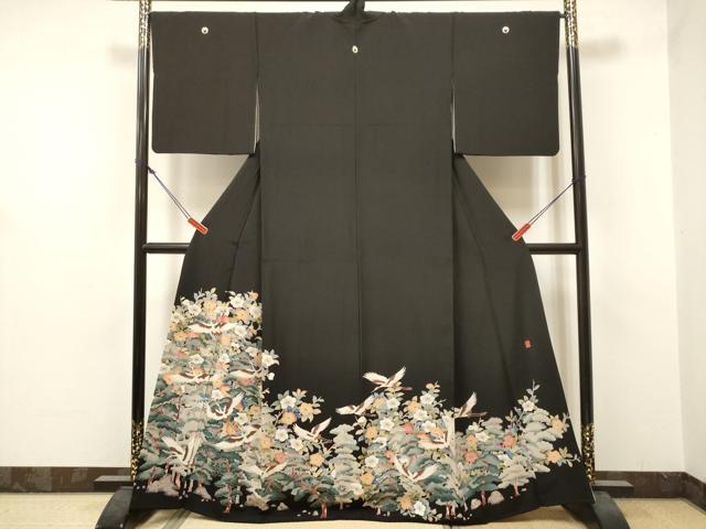 平和屋着物■豪華黒留袖 友禅 作家物 飛鶴花松文 正絹 逸品 DABF0505ea