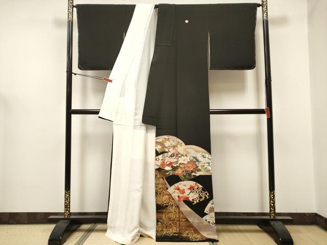 平和屋着物■豪華黒留袖 衣輪 刺繍 地紙重ね 鴛鴦花文 金彩 正絹 逸品 DABF0508ea