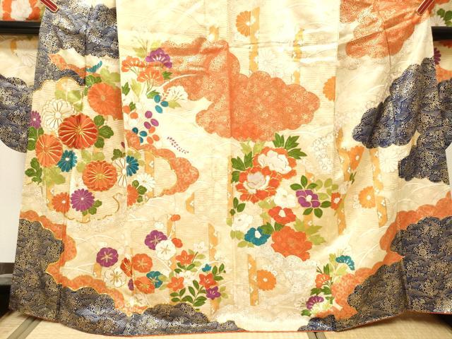 平和屋着物■豪華振袖 駒刺繍 雲重ね花文 金彩 正絹 逸品 DABF0514ea