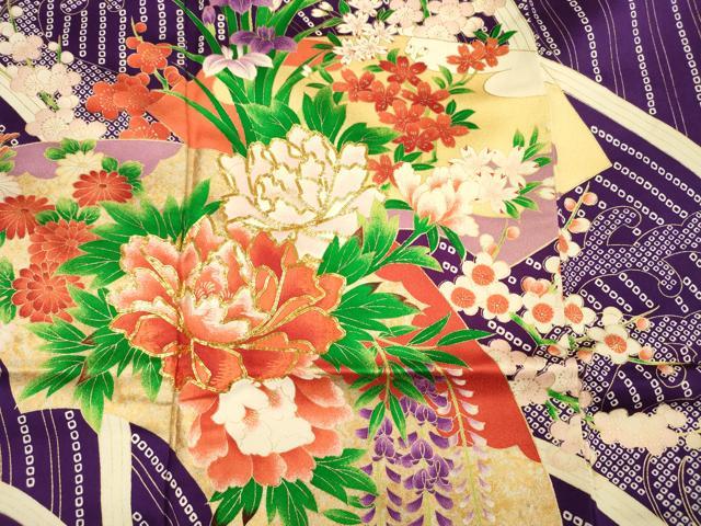 平和屋着物■豪華振袖 駒刺繍 立波地紙草花文 金彩 正絹 逸品 DABF0575ya