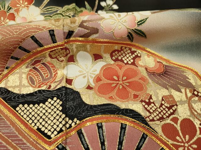 平和屋着物■豪華黒留袖 作家物 駒刺繍 扇面草花文 暈し染め 金彩 正絹 逸品 DABF0620ya
