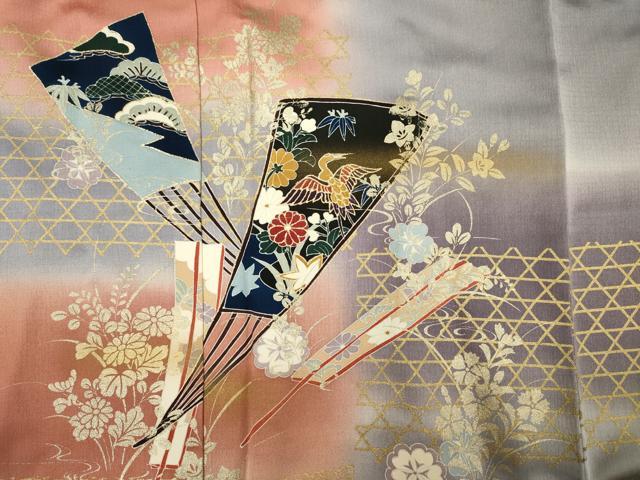 平和屋着物■訪問着 扇面花鳥文 暈し染め 金彩 正絹 逸品 DABF0737ya