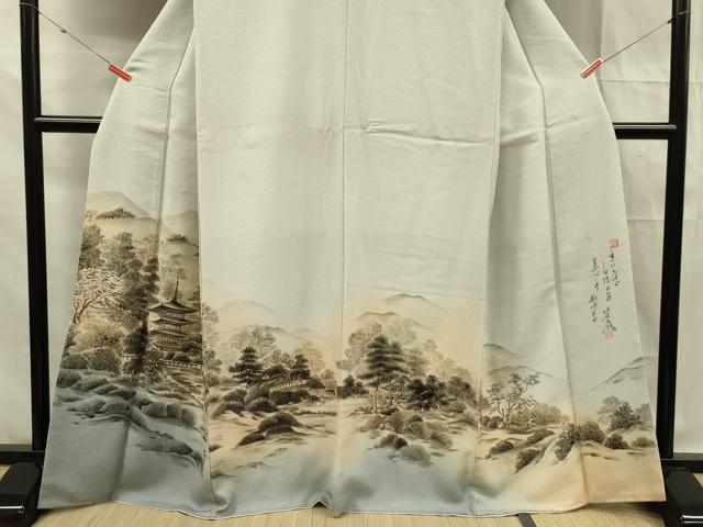 平和屋着物■訪問着 作家物 紬地 手描き 風景文 正絹 逸品 DABF0744ya