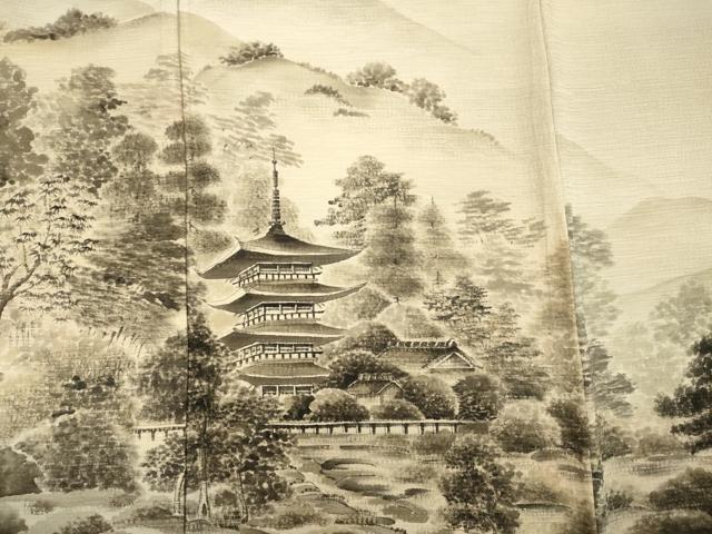 平和屋着物■訪問着 作家物 紬地 手描き 風景文 正絹 逸品 DABF0744ya