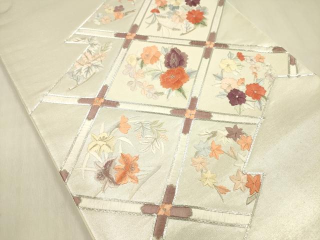 平和屋着物◎太鼓柄袋帯 総刺繍 花天井文 銀糸 正絹 逸品 DABF0814ya
