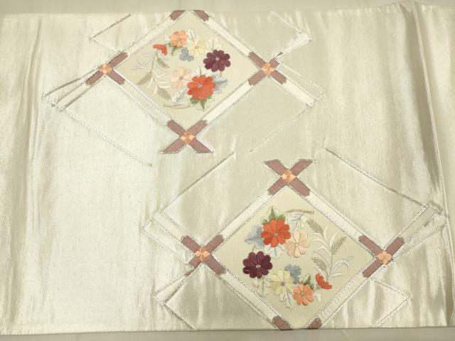 平和屋着物◎太鼓柄袋帯 総刺繍 花天井文 銀糸 正絹 逸品 DABF0814ya