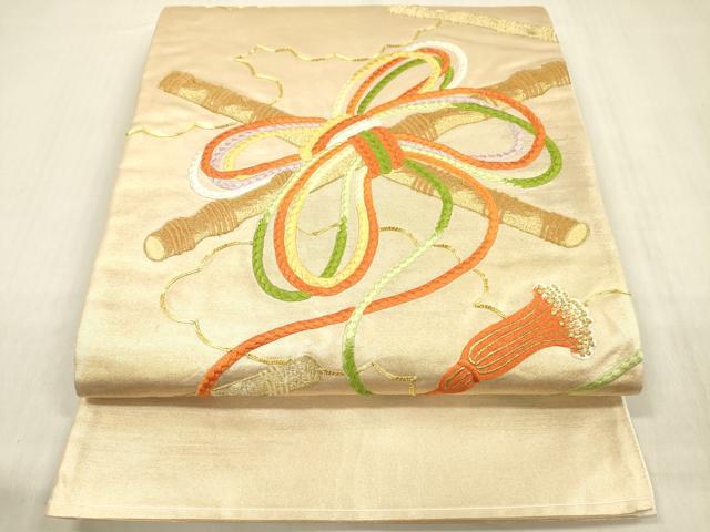 平和屋着物◎太鼓柄袋帯 総刺繍 横笛文 金糸 正絹 逸品 DABF0821ya
