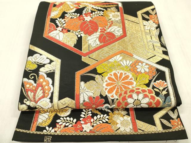 平和屋着物◎六通柄 本袋帯 亀甲花蝶文 黒地 金糸 正絹 逸品 DABF0823ya