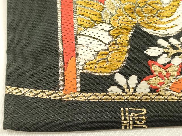 平和屋着物◎六通柄 本袋帯 亀甲花蝶文 黒地 金糸 正絹 逸品 DABF0823ya