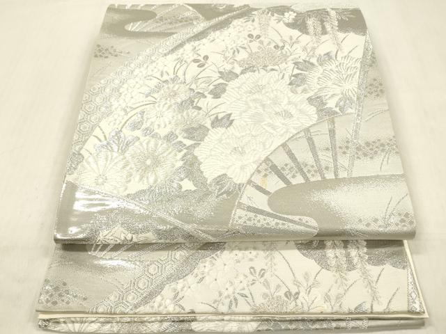 平和屋着物◎六通柄袋帯 唐織 扇面花文 銀糸 正絹 逸品 DABF0826ya