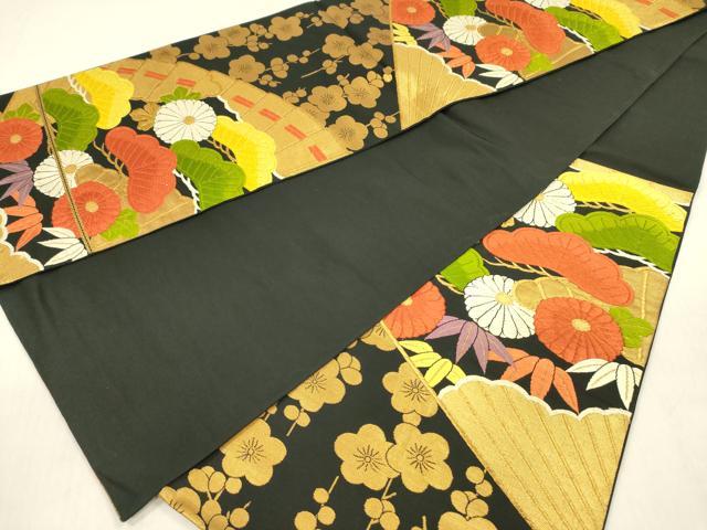 平和屋着物◎六通柄袋帯 唐織 檜扇花文 黒地 金糸 正絹 逸品 DABF0845ya