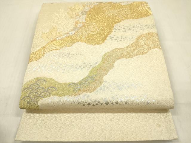平和屋着物◎明綴れ 太鼓柄袋帯 道長文 プラチナ箔 正絹 逸品 DABF0846ya