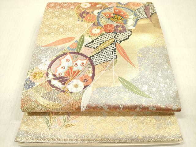平和屋着物◎全通柄袋帯 唐織 花蝶丸文 金糸 正絹 逸品 DABF0848ya