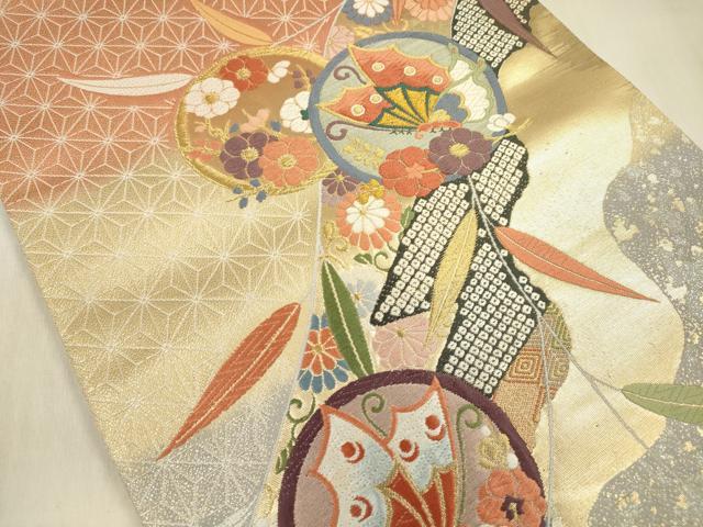 平和屋着物◎全通柄袋帯 唐織 花蝶丸文 金糸 正絹 逸品 DABF0848ya