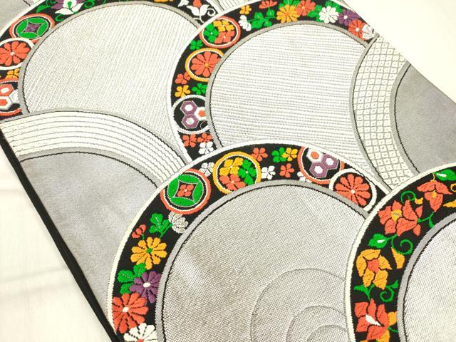 平和屋着物◎六通柄袋帯 花青海波 銀糸 正絹 逸品 DABF0860ya