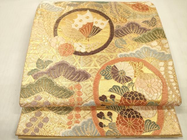 平和屋着物◎六通柄袋帯 能衣佐賀 狂言蝶丸文 金糸 正絹 逸品 DABF0864ya