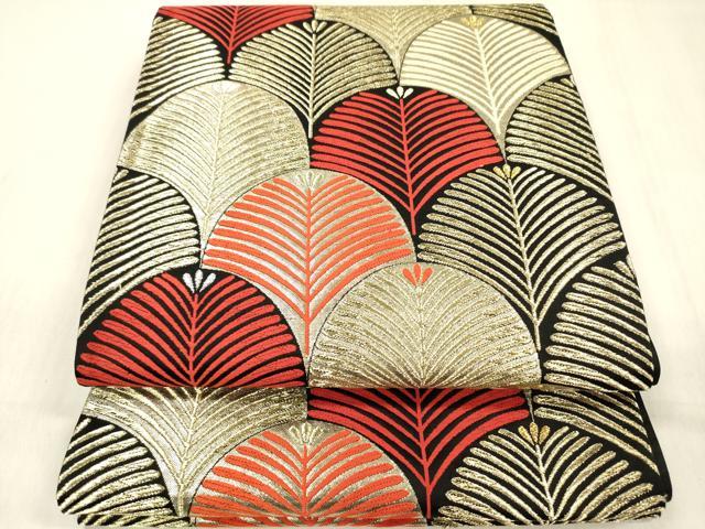 平和屋着物◎六通柄袋帯 松葉文 黒地 金糸 正絹 逸品 DABF0867ya