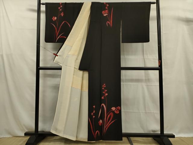 平和屋着物■訪問着 草花文 黒地 正絹 逸品 DABF0955ya