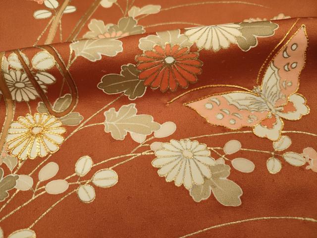 平和屋着物■訪問着 駒刺繍 舞蝶花文 金彩 正絹 逸品 DABF0992ya