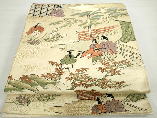 平和屋着物◎六通柄袋帯 平安人物風景草花文 金糸 正絹 逸品 DABF1012ud