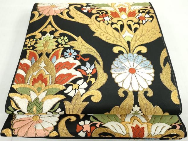 平和屋着物◎六通柄袋帯 洋花文 黒地 金糸 正絹 逸品 DABF1039ud
