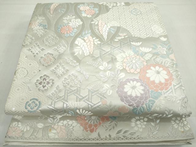 平和屋着物◎六通柄袋帯 唐織 雲取り草花文 銀糸 正絹 逸品 DABF1042ud