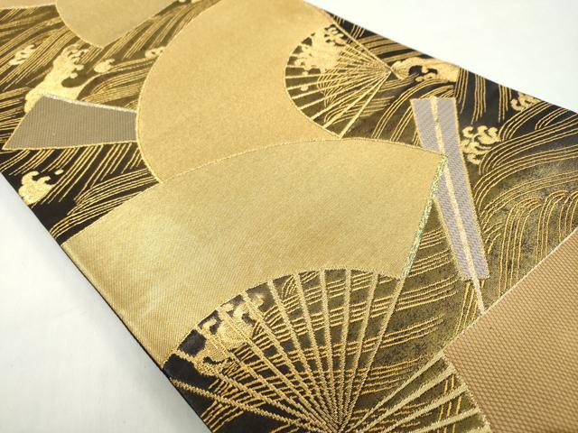 平和屋着物◎六通柄袋帯 扇面立波文 金糸 正絹 逸品 DABF1072ud
