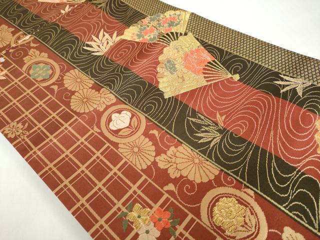 平和屋着物◎全通柄袋帯 唐織 流水扇面草花文 金糸 正絹 逸品 DABF1102ud