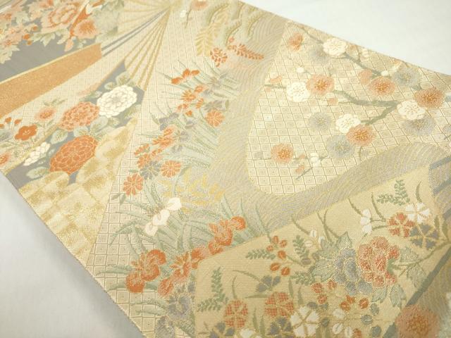 平和屋着物◎宝珠本佐賀錦 六通柄袋帯 正絹九百錦 扇面孔雀草花文 金糸 正絹 逸品 DABF1117ud