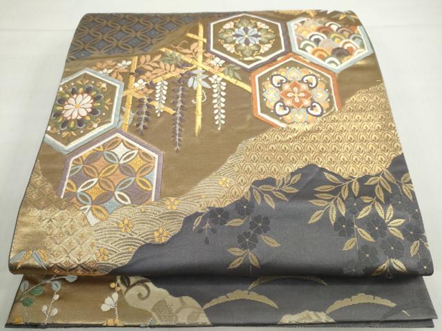 平和屋着物◎六通柄袋帯 唐織 道長吉祥草花文 金銀糸 正絹 逸品 DABF1121ud
