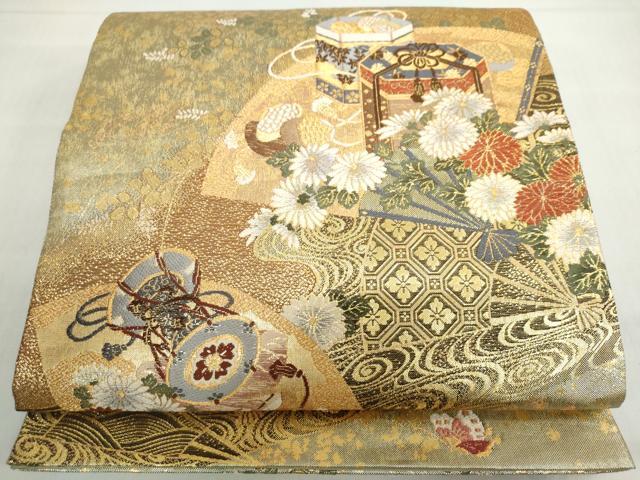 平和屋着物◎六通柄袋帯 流水扇面貝桶文 金糸 正絹 逸品 DABF1130ud