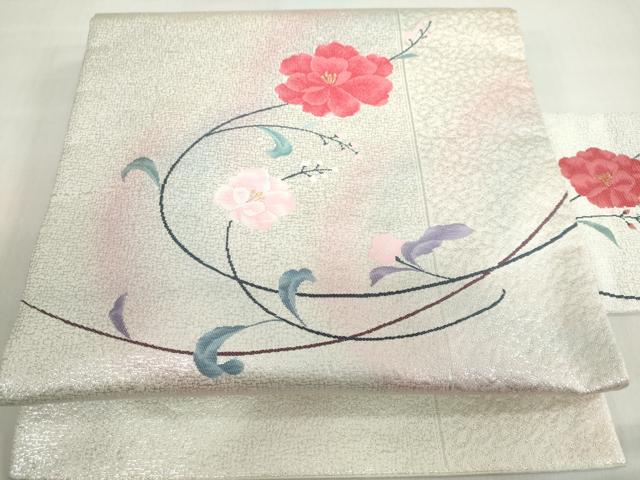 平和屋着物◎九寸名古屋帯 草花文 銀糸 正絹 逸品 DABF1138ud