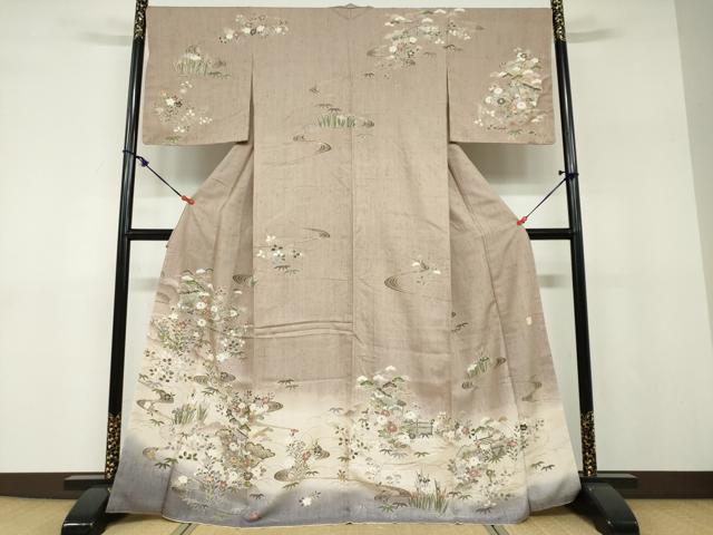 平和屋着物●訪問着 作家物 紬地 流水風景草花文 やまと誂製 正絹 逸品 未使用 DABF1159ud