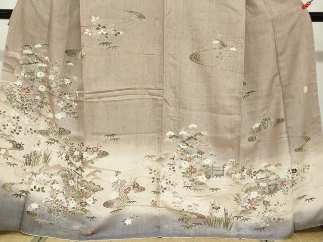平和屋着物●訪問着 作家物 紬地 流水風景草花文 やまと誂製 正絹 逸品 未使用 DABF1159ud