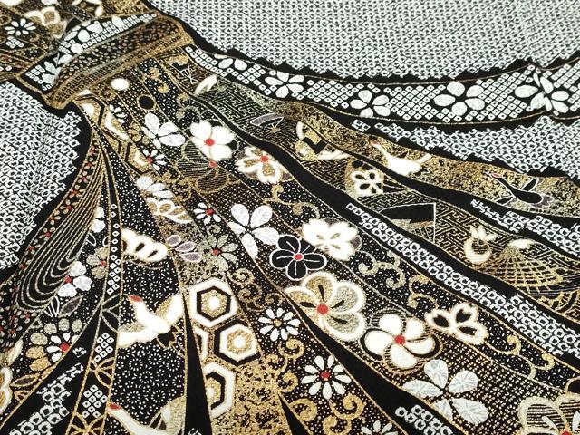 平和屋着物●訪問着 束ね熨斗花鳥文 黒地 金彩 正絹 逸品 DABF1172ud
