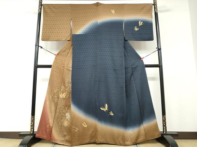 平和屋着物●訪問着 花車舞蝶文 暈し染め 金銀彩 正絹 逸品 DABF1176ud