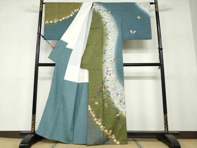 平和屋着物●訪問着 作家物 舞蝶草花文 暈し染め 金銀彩 正絹 逸品 DABF1177ud
