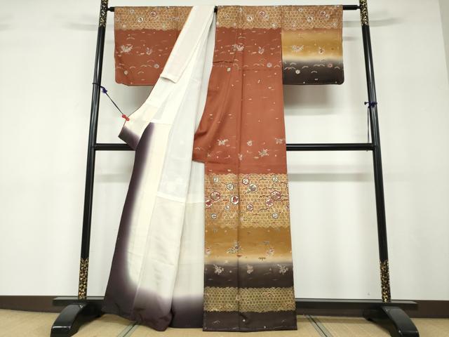 平和屋着物●訪問着 横段吉祥草花文 暈し染め 金彩 正絹 逸品 未使用 DABF1182ud